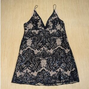 Free People Night Shimmers Mini Dress Plunge Sequin Lace Nude Party Women's 12